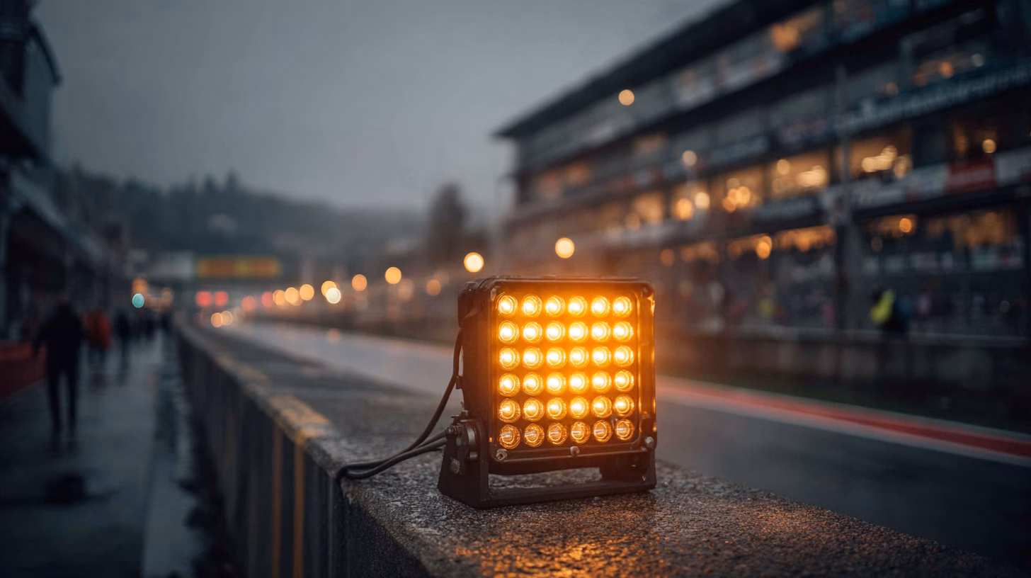 Modern LED flag panels along a circuit
